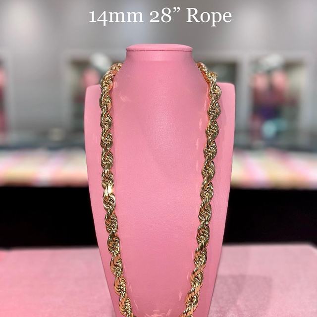 14 millimeter 28 inch solid gold rope chain