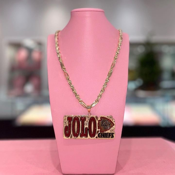 Custom JOLO Chiefs name pendant with red glitter enamel